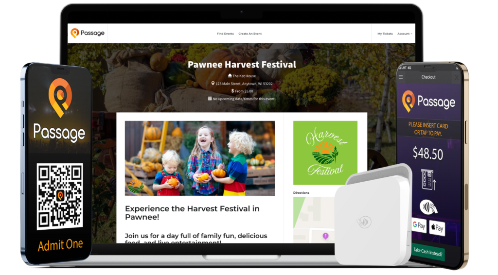 All-in-One Mockup of an Agritainment event selling tickets on Passage with mobile device displaying ticket and credit card swiper